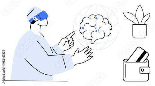 Person wearing VR headset gestures toward a brain hologram with surrounding icons of a plant and a wallet with card. Ideal for technology, virtual reality, neuroscience, healthcare, education