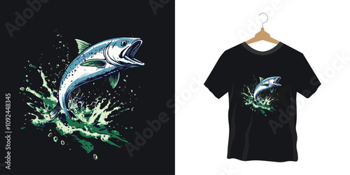 A fish for T-shirt mascort logo, leaping out of the water with splashes around it,