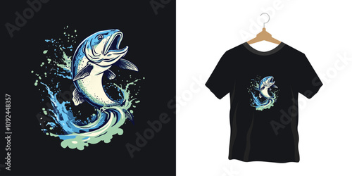 A fish for T-shirt mascort logo, leaping out of the water with splashes around it,