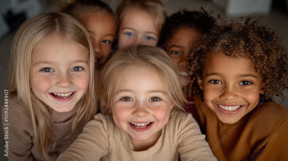 Fototapeta premium Group of Happy Children Smiling Together in Cozy Indoor Setting During a Playful Afternoon