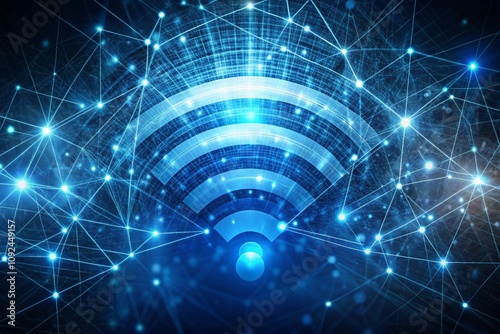 A blue and white image of a wifi signal with a blue circle in the middle