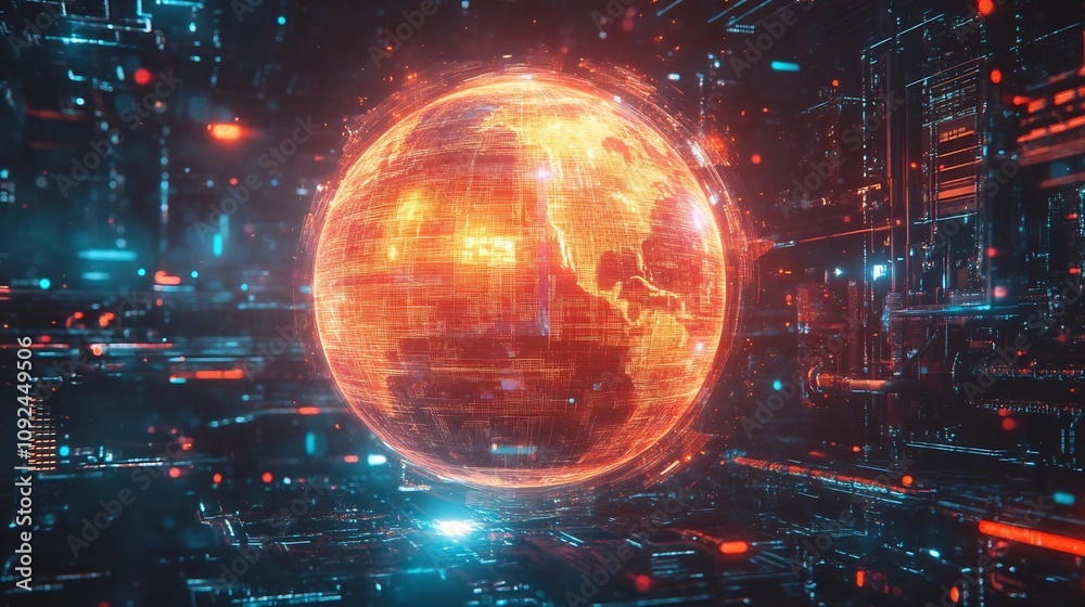 Obraz premium Futuristic Global Fintech Innovation Digital Holographic Diagram Showcasing Technology and Finance