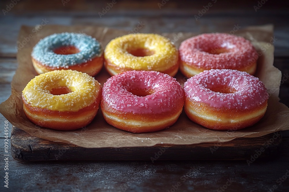Brightly colored donuts with different flavors of glaze and sprinkles ...