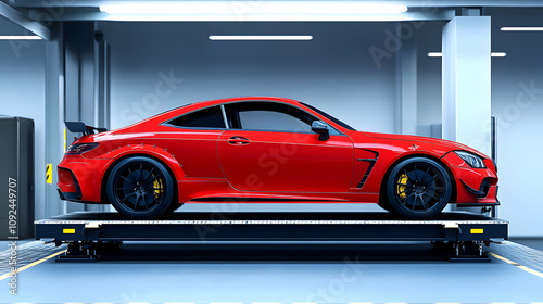 Red Sports Coupe on a Modern Car Lift in a Garage, 3D Render