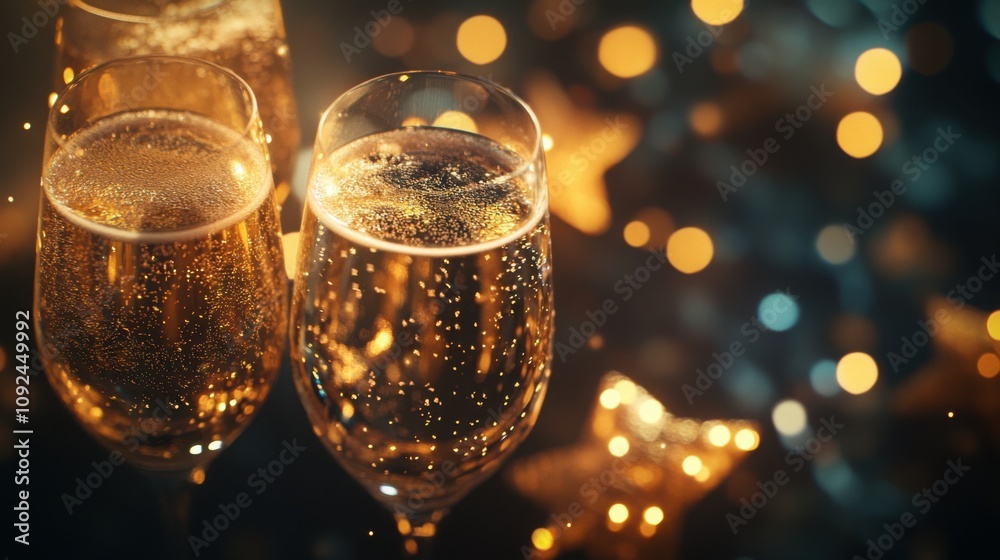 A New Yeara??s champagne toast with shiny stars and shimmering lights all around. A New Yeara??s champagne toast with shiny stars and shimmering lights all around.