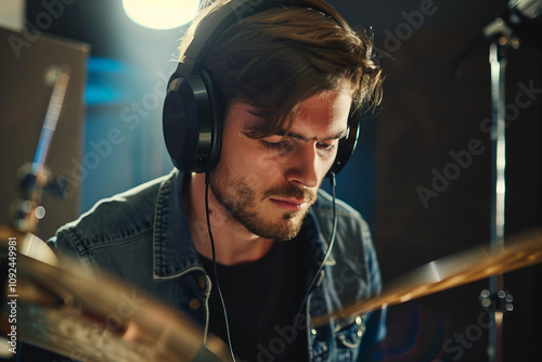 Generative AI Image of a Rock Band Drummer Immersed in Music Performance photo