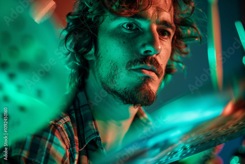 Generative AI Image of a Rock Band Drummer Immersed in Music Performance photo