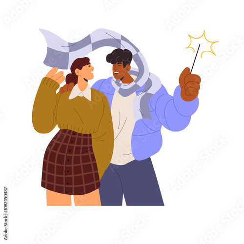 Happy couple cuddles, celebrates holiday together. Person with girl holds burning sparkler. Young man with firework, lightning spark at party. Flat isolated vector illustration on white background