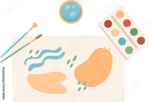 Children create colorful art in a workshop with painting supplies and craft materials. Creative activity and DIY handwork in flat style. Suitable for educational or hobby projects.