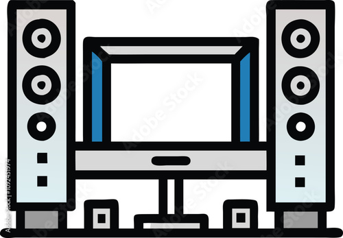 Home Theater System with Speakers Illustration, Illustration of a home theater setup featuring a screen and tall speakers, ideal for entertainment, audio, and technology visuals.  
