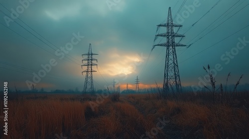 Power Transmission Lines. Clean Ecological Environment. High voltage steel power pylons in field. Transmission of electricity through high-voltage wires