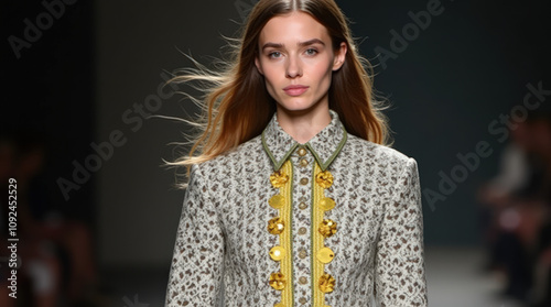 Stunning High-Definition Fashion Week Runway Shot Featuring Elegant Designer Outfit and Model in Trendy Fall and Couture Look