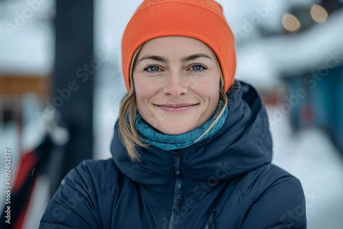 A woman of European appearance, a ski instructor in sportswear, stands in front of a ski station. Close-up. Ski concept, advertising banner. photo