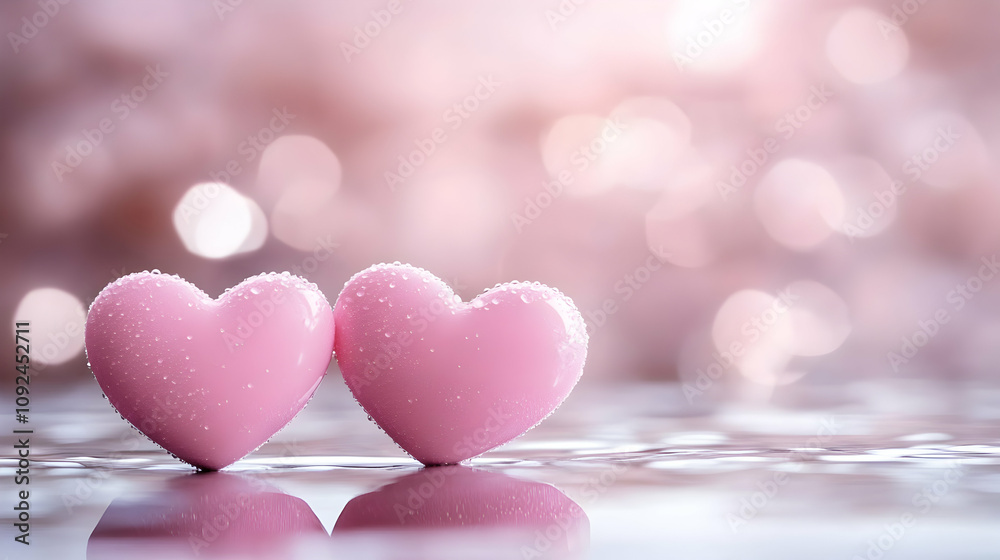 Obraz premium Two Pink Hearts Resting on Water, Romantic Abstract Background Illustration