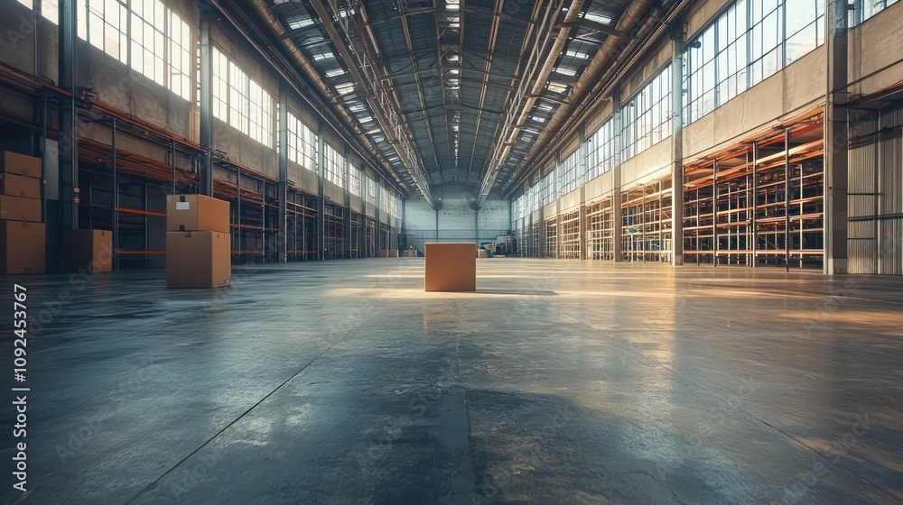 Warehouse or industry building interior. known as distribution center, retail warehouse. Part of storage and shipping system. Included box package on shelf, empty space and concrete floor
