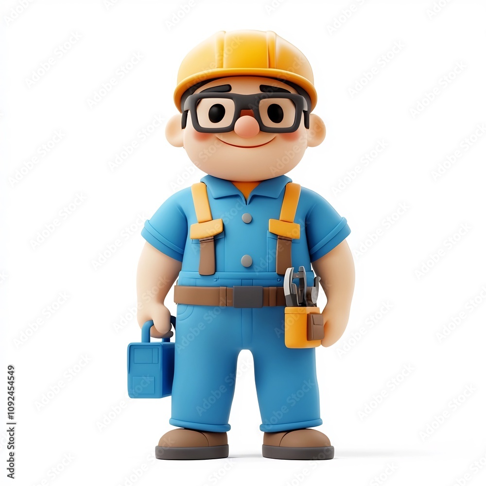 Fototapeta premium Cartoon 3D Rendered Worker Character with Hardhat and Toolbox Standing Against White Background