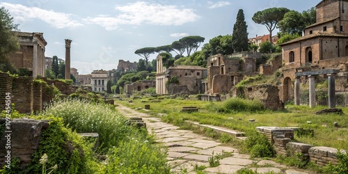 An ancient ruined cityscape with crumbling buildings and overgrown vegetation, cosmic scene, overgrown vegetation, crumbling buildings