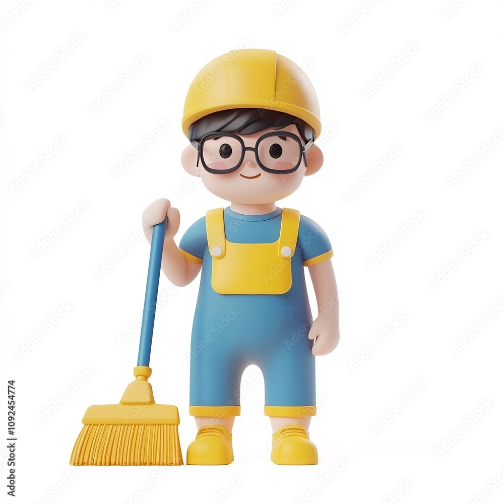 Cartoon-Style 3D of a Cleaner Worker with Mop and Bucket on White Background Cartoon-Style 3D of a Cleaner Worker with Mop and Bucket on White Background