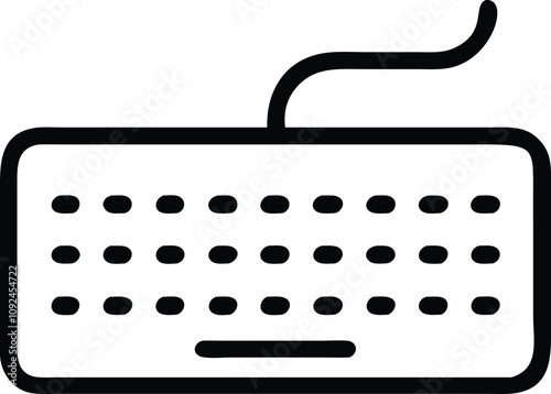 Minimalist Wired Computer Keyboard Line Art, Black-and-white line art illustration of a wired computer keyboard, ideal for technology, workspace, and office-themed visuals.  
