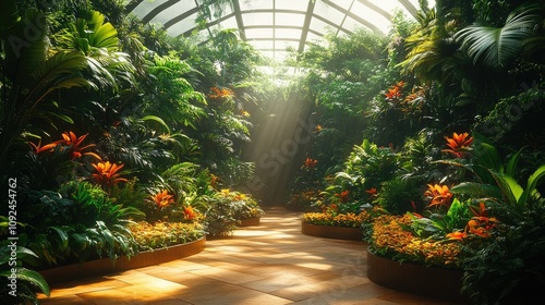 Lush indoor garden with vibrant plants and soft sunlight illuminating the space.