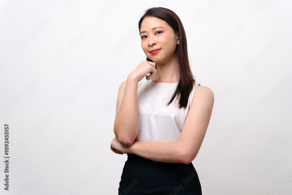 Obraz premium A woman is standing with her arms crossed and a smile on her face