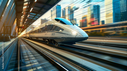 A high-speed bullet train whizzing past a blur of urban scenery, seamlessly connecting distant cities. photo