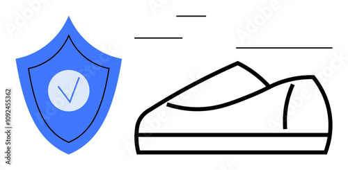 Blue shield with check mark alongside outline of a shoe with motion lines suggesting speed and protection. Ideal for security, performance, speed, reliability, health, athletic, ecommerce. Line