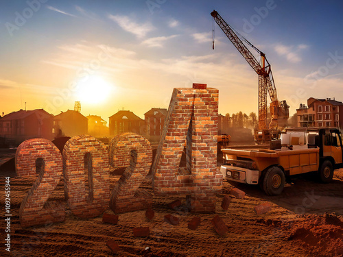 Brick New Year 2024 on construction site with dump truck and crane in the background sunset and town. Idea for a post for a construction company. 3d rendering