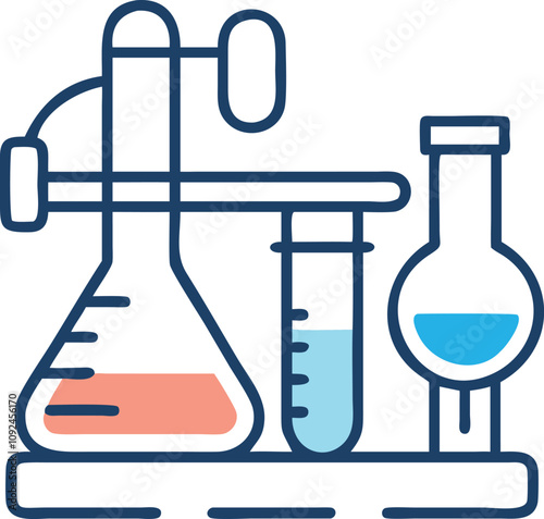 Colorful Laboratory Glassware Illustration, Illustration of laboratory glassware setup with colorful liquids in flasks, ideal for science, chemistry, and research-themed visuals.  
