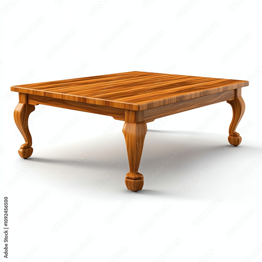 Elegant wooden coffee table with a striped surface and curved legs, isolated on white. Elegant wooden coffee table with a striped surface and curved legs, isolated on white.