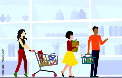 Peoples shopping in supermarket concept. Male buy tie, hat and gloves. Young girl buy vegetables. Then woman buy women's clothing, high heels, purses, necklaces and earrings placed in shopping cart.