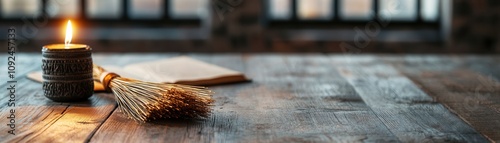 A warm candlelight scene featuring a lit candle, a sprig of dried herbs, and an open book on a rustic wooden table.