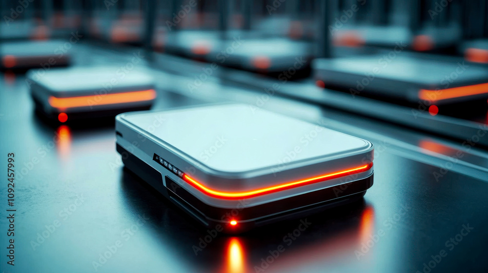 A sleek, modern device with glowing edges is displayed on a reflective surface, suggesting high technology and innovation. A sleek, modern device with glowing edges is displayed on a reflective surface, suggesting high technology and innovation.