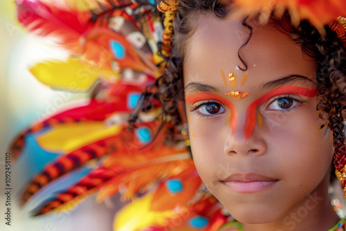 Generative AI Portrait of a Smiling Woman in Colorful Carnival Costume Celebrating at a Vibrant Festival photo