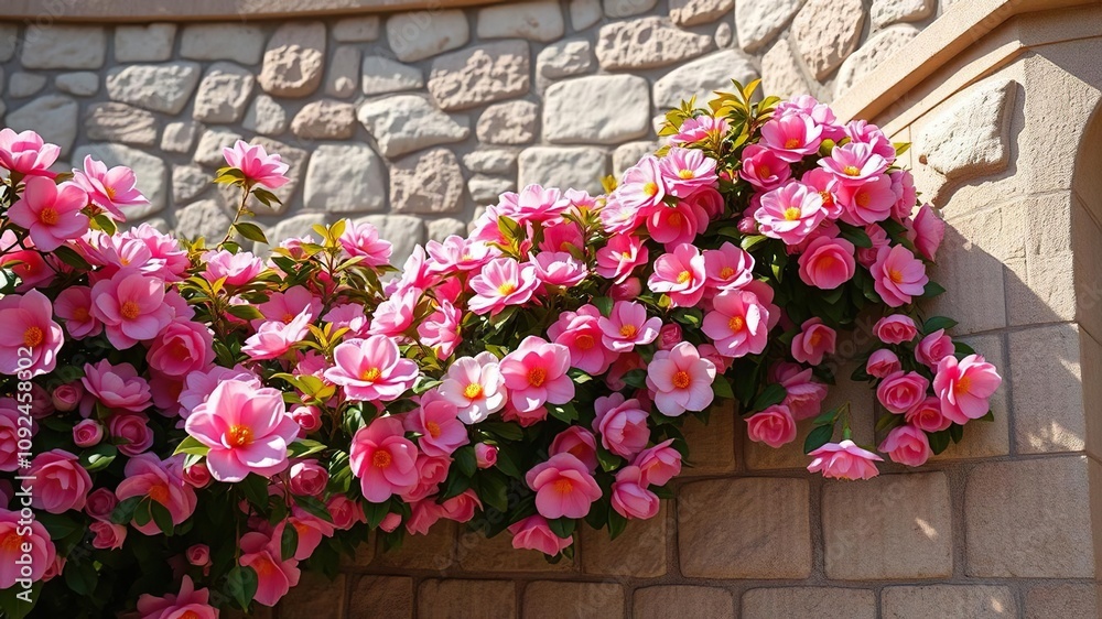 A stunning collection of camellias in full bloom cascade down a curved stone wall with sunlight casting a warm glow on the vibrant petals, flowering plants, nature scenery, colourful blooms A stunning collection of camellias in full bloom cascade down a curved stone wall with sunlight casting a warm glow on the vibrant petals, flowering plants, nature scenery, colourful blooms