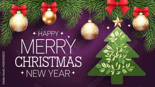 Happy merry christmas hanging christmas ball christmas tree leaves ribbon on purple background