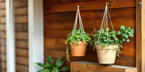 Stacked Wooden Planter Box with Hanging Plants, herbs, mosses photo