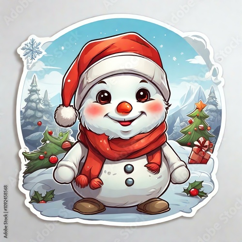 Stunning full-color, detailed illustration of a cute little Christmas Snowman wearing a Santa Claus hat. Cartoon style, high quality, colorful, and perfect for your festive decorations. In stock.