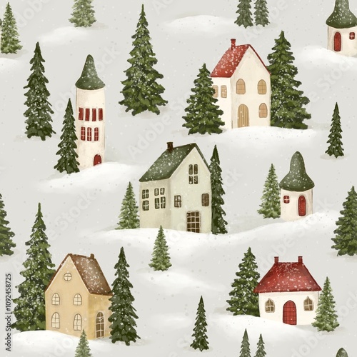 Cozy winter cartoon village with old houses and pine trees, atmosphere wonderland, fairy snowing landscape, seamless pattern