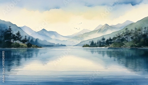 Tranquil watercolors of serene mountains and reflections nature landscape calm waters scenic viewpoint