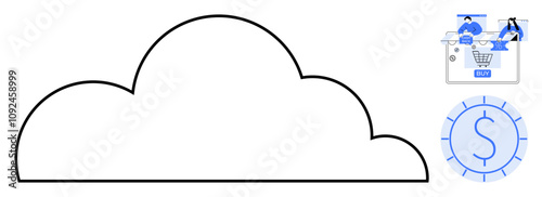 Cloud outline with small icons representing business team collaboration, e-commerce shopping cart, and financial growth. Ideal for business planning, digital storage, online shopping, teamwork