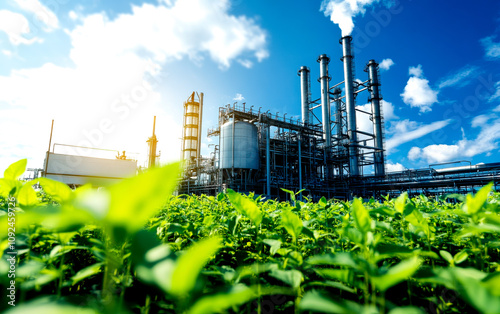 A vibrant industrial scene showing a factory near lush green plants under a bright sky, illustrating the balance between industry and nature. photo