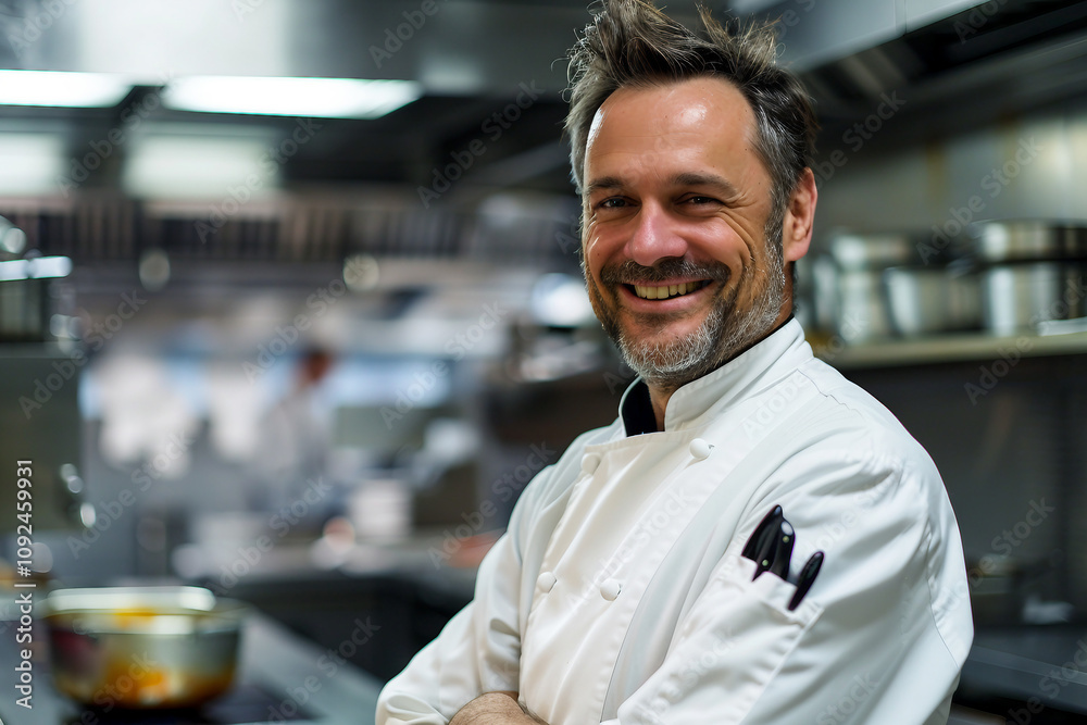 Fototapeta premium Generative AI Depiction of a Professional Male Chef Working in a Busy Restaurant Kitchen