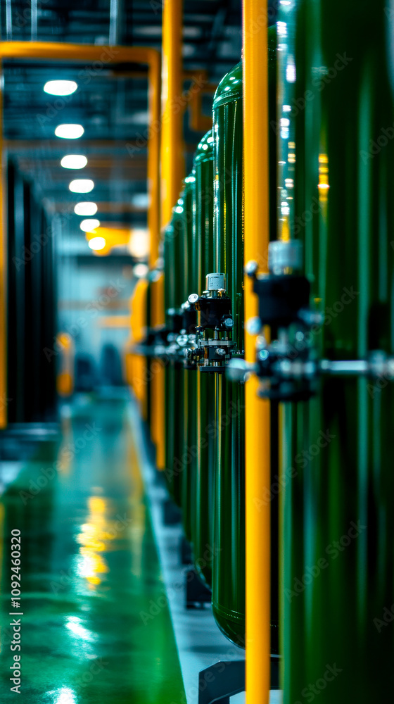 Fototapeta premium A row of green gas cylinders with shiny surfaces and yellow piping, set in a modern industrial environment, showcasing a clean and organized facility.