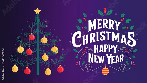 A purple background Merry christmas and happy new year lettering illustrations with a green tree decorated with Christmas balls and lights