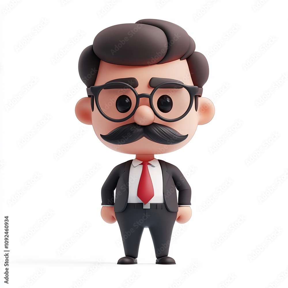 Stylized 3D of a Cartoon Manager Character with Glasses and Mustache
