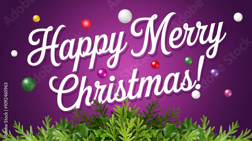 Merry christmas lettering with christmas balls and christmas tree leaves decorations on purple background