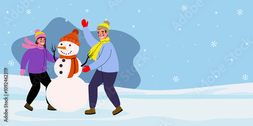 Friends are making a snowman. Winter games, winter vector illustration in flat style. Horizontal banner, winter background for design.