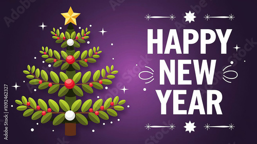 A purple background with a green tree decorated with Christmas balls and lights