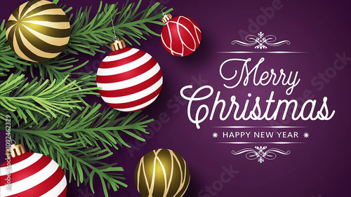 A large purple background with the text " Merry Christmas" happy new year in white, sparkling letters christmas balls and decorations purple background